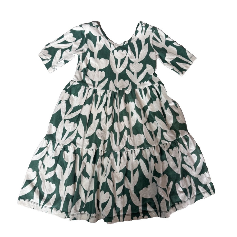 Hanna Andersson Cotton Girl's Green & White Floral Dress Sz 120/6-7 Darling!